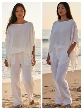 Calligraphie Top Poncho Tunic Shirt Sz S/M Small Medium LINEN White Boho Beach